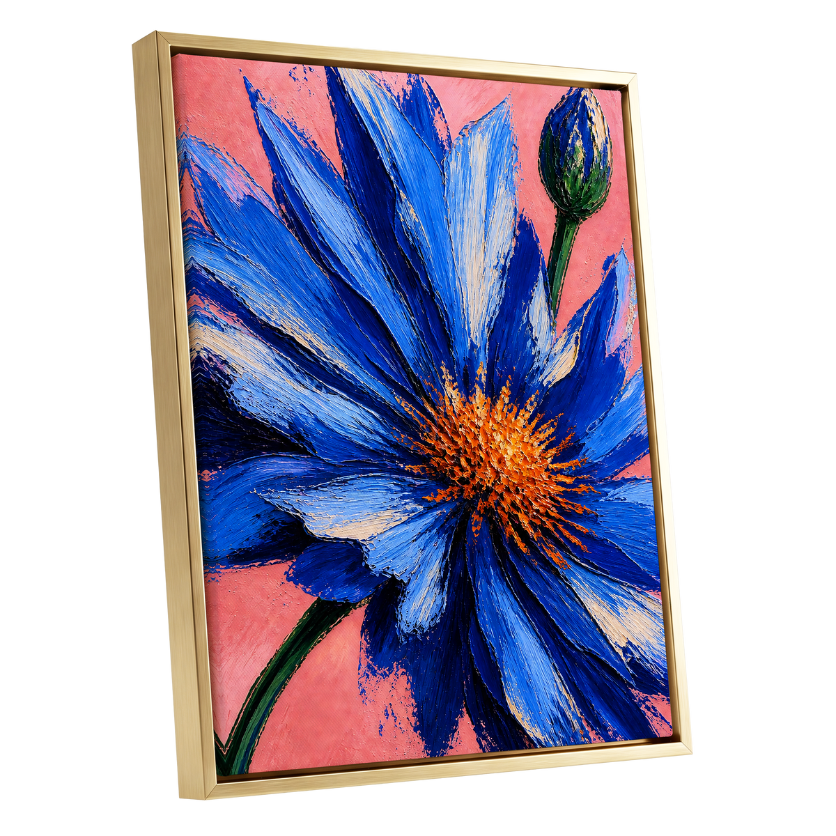 Cobalt Bloom, blue, pink, orange floral wall art shown as a gold framed canvas wall art