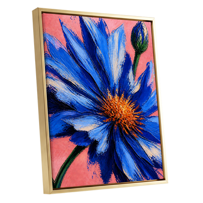 Cobalt Bloom, blue, pink, orange floral wall art shown as a gold framed canvas wall art