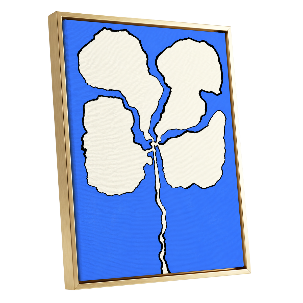 Cobalt Bloom, blue, beige, black floral wall art shown as a gold framed canvas wall art