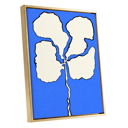 Cobalt Bloom, blue, beige, black floral wall art shown as a gold framed canvas wall art