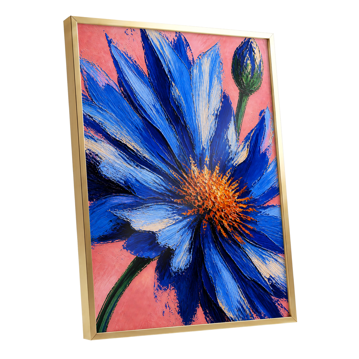 Cobalt Bloom, blue, pink, orange floral wall art shown as a gold framed poster wall art print
