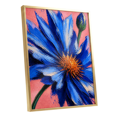 Cobalt Bloom, blue, pink, orange floral wall art shown as a gold framed poster wall art print
