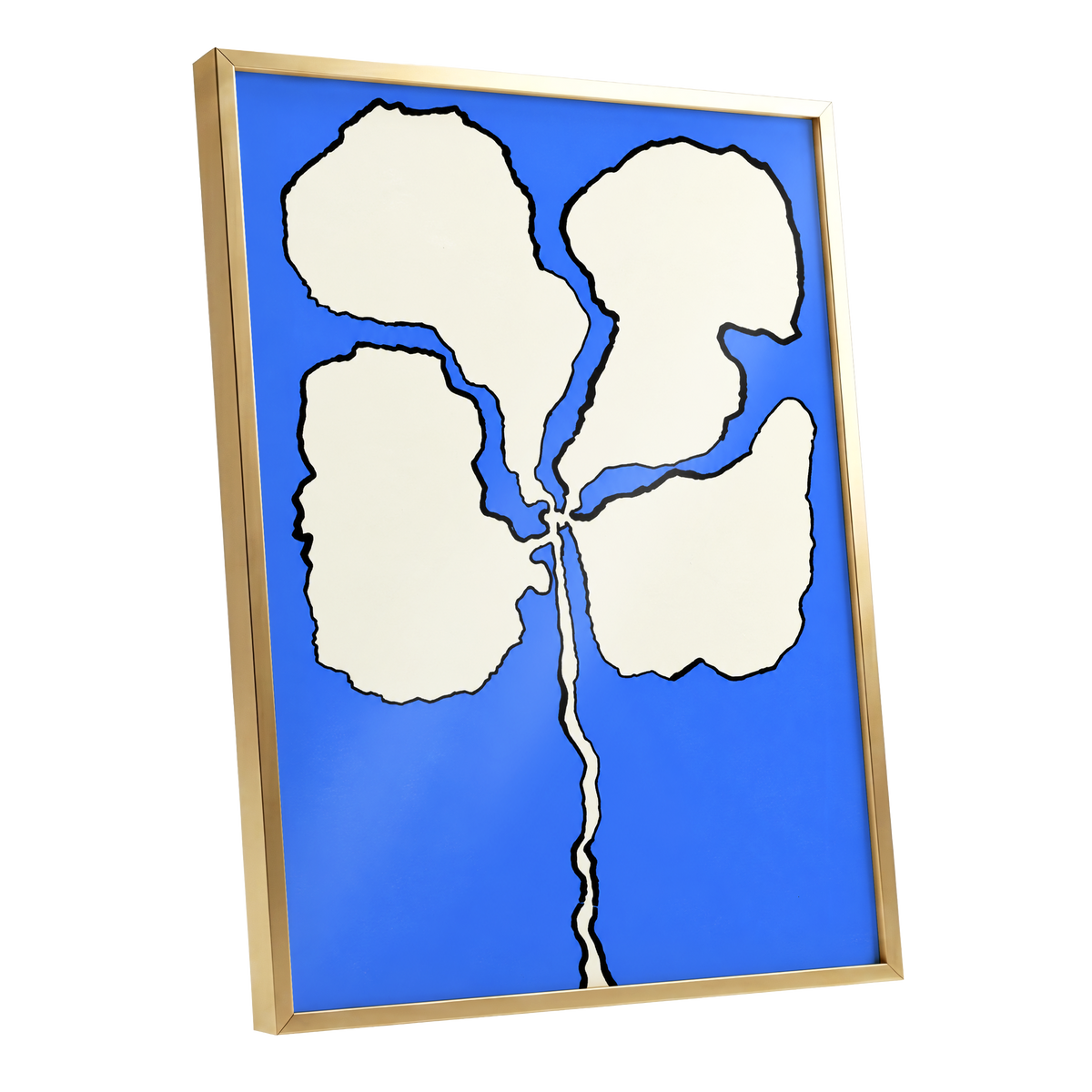 Cobalt Bloom, blue, beige, black floral wall art shown as a gold framed poster wall art print