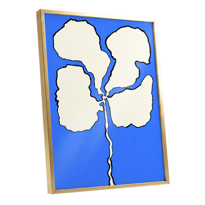 Cobalt Bloom, blue, beige, black floral wall art shown as a gold framed poster wall art print