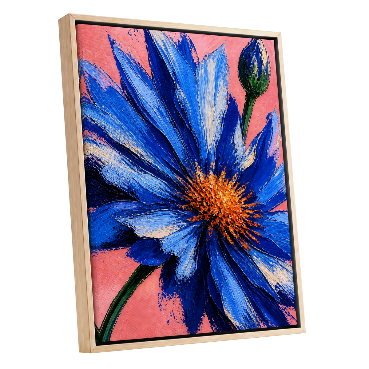 Cobalt Bloom, blue, pink, orange floral wall art shown as a oak framed canvas wall art