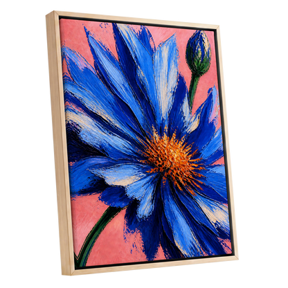 Cobalt Bloom, blue, pink, orange floral wall art shown as a oak framed canvas wall art
