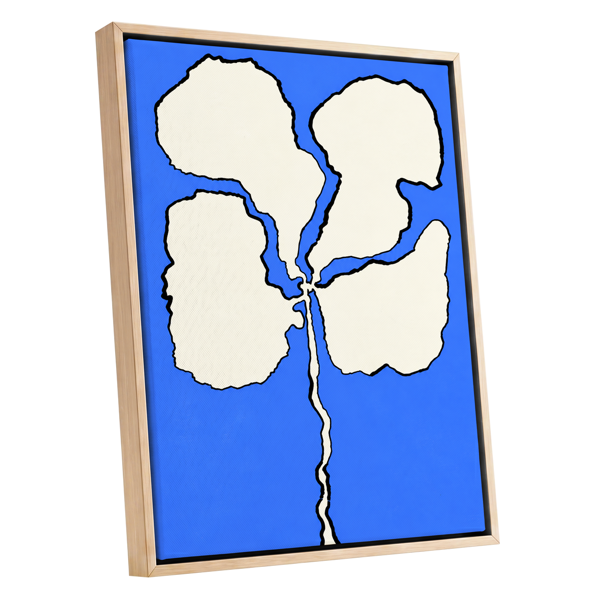 Cobalt Bloom, blue, beige, black floral wall art shown as a oak framed canvas wall art