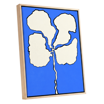 Cobalt Bloom, blue, beige, black floral wall art shown as a oak framed canvas wall art