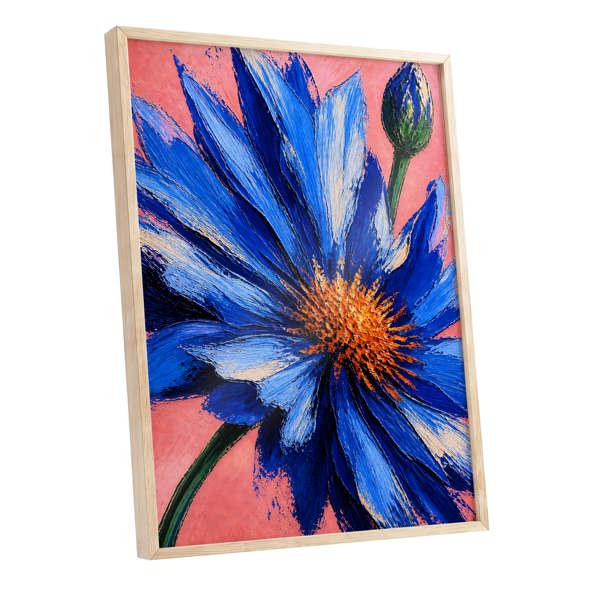 Cobalt Bloom, blue, pink, orange floral wall art shown as a oak framed poster wall art print