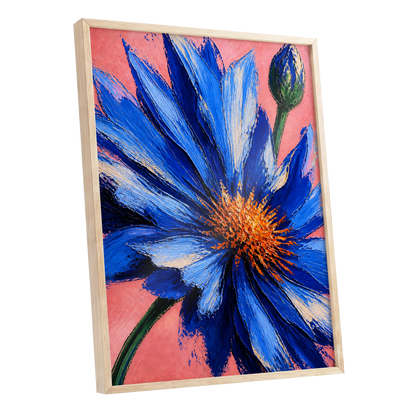 Cobalt Bloom, blue, pink, orange floral wall art shown as a oak framed poster wall art print