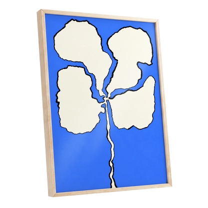 Cobalt Bloom, blue, beige, black floral wall art shown as a oak framed poster wall art print