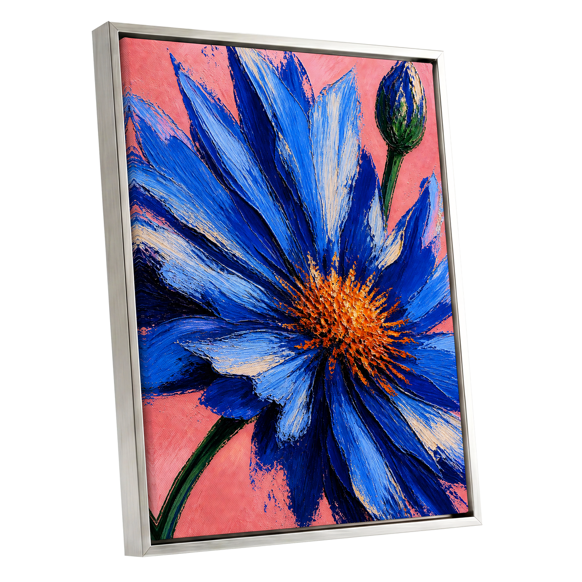 Cobalt Bloom, blue, pink, orange floral wall art shown as a silver framed canvas wall art