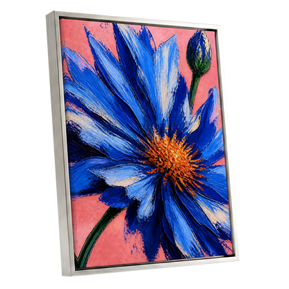 Cobalt Bloom, blue, pink, orange floral wall art shown as a silver framed canvas wall art