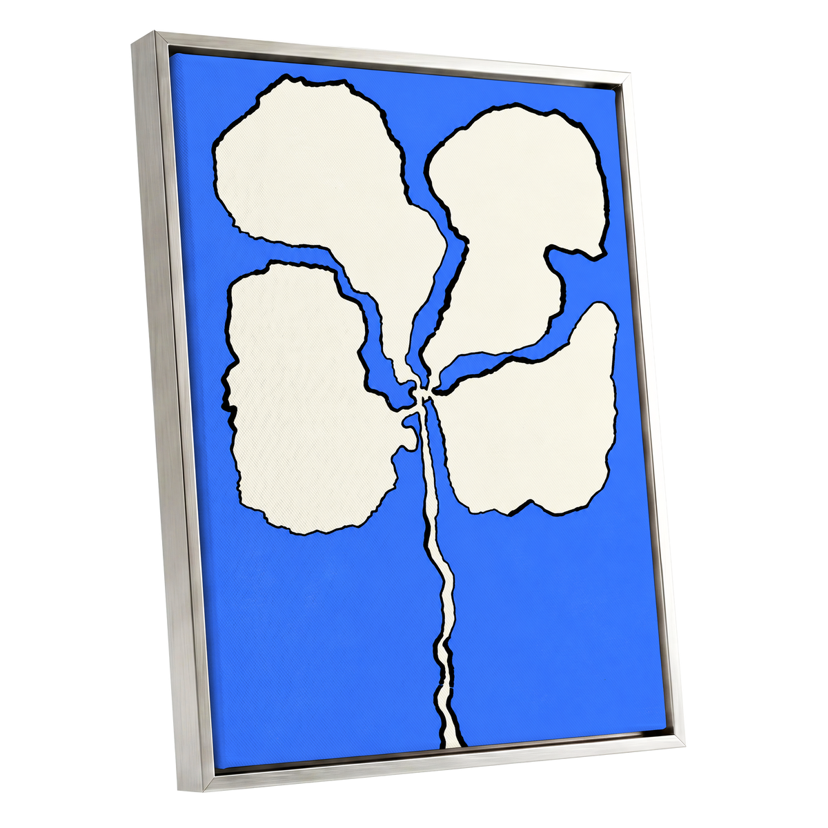Cobalt Bloom, blue, beige, black floral wall art shown as a silver framed canvas wall art