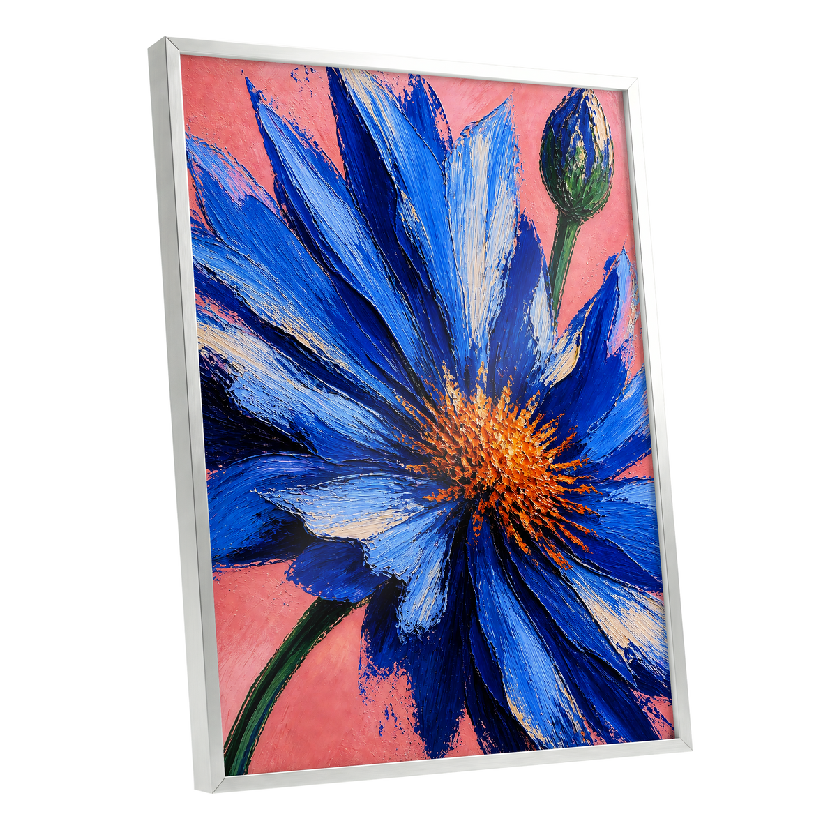 Cobalt Bloom, blue, pink, orange floral wall art shown as a silver framed poster wall art print