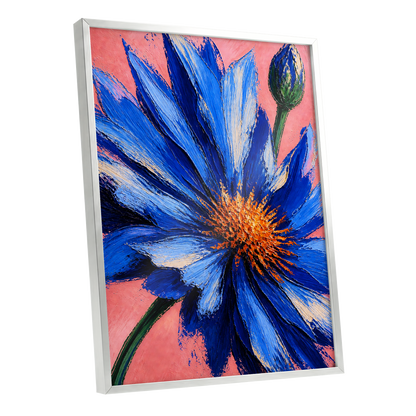 Cobalt Bloom, blue, pink, orange floral wall art shown as a silver framed poster wall art print