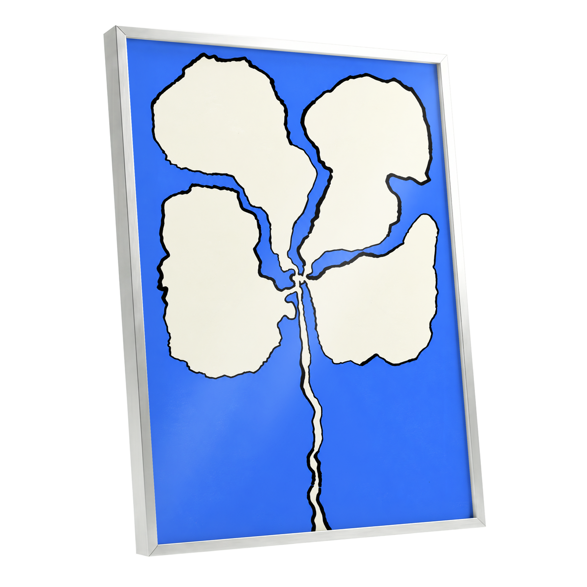 Cobalt Bloom, blue, beige, black floral wall art shown as a silver framed poster wall art print