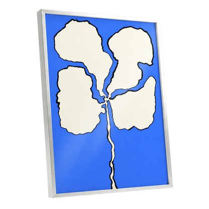 Cobalt Bloom, blue, beige, black floral wall art shown as a silver framed poster wall art print