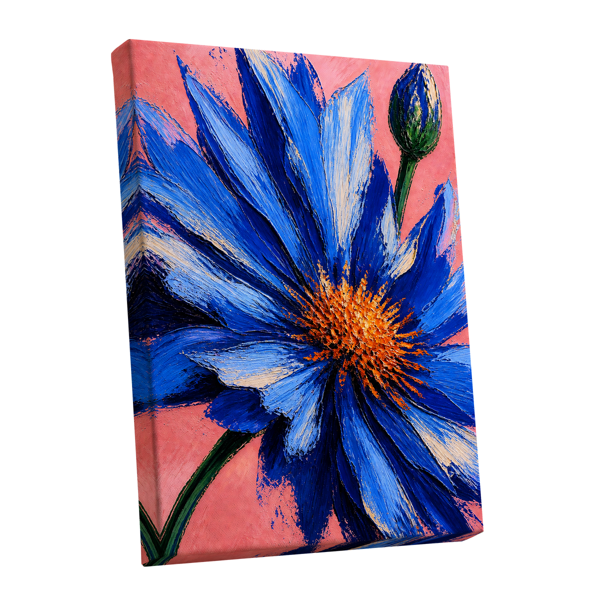 Cobalt Bloom, blue, pink, orange floral wall art shown as a stretched canvas wall art