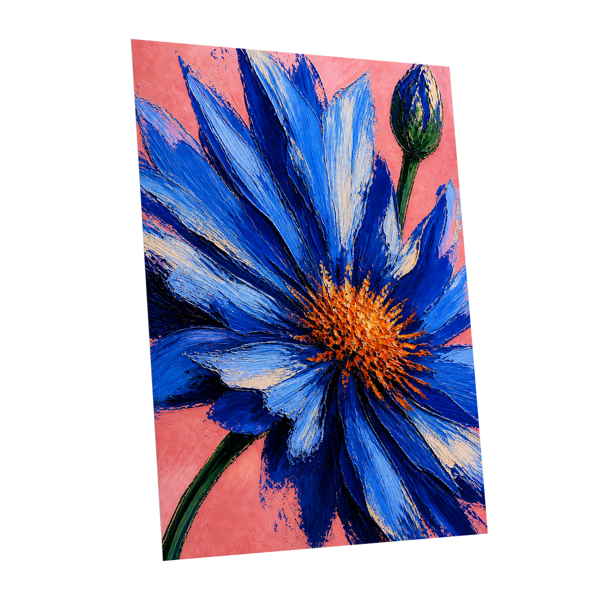 Cobalt Bloom, blue, pink, orange floral wall art shown as a unframed poster wall art print