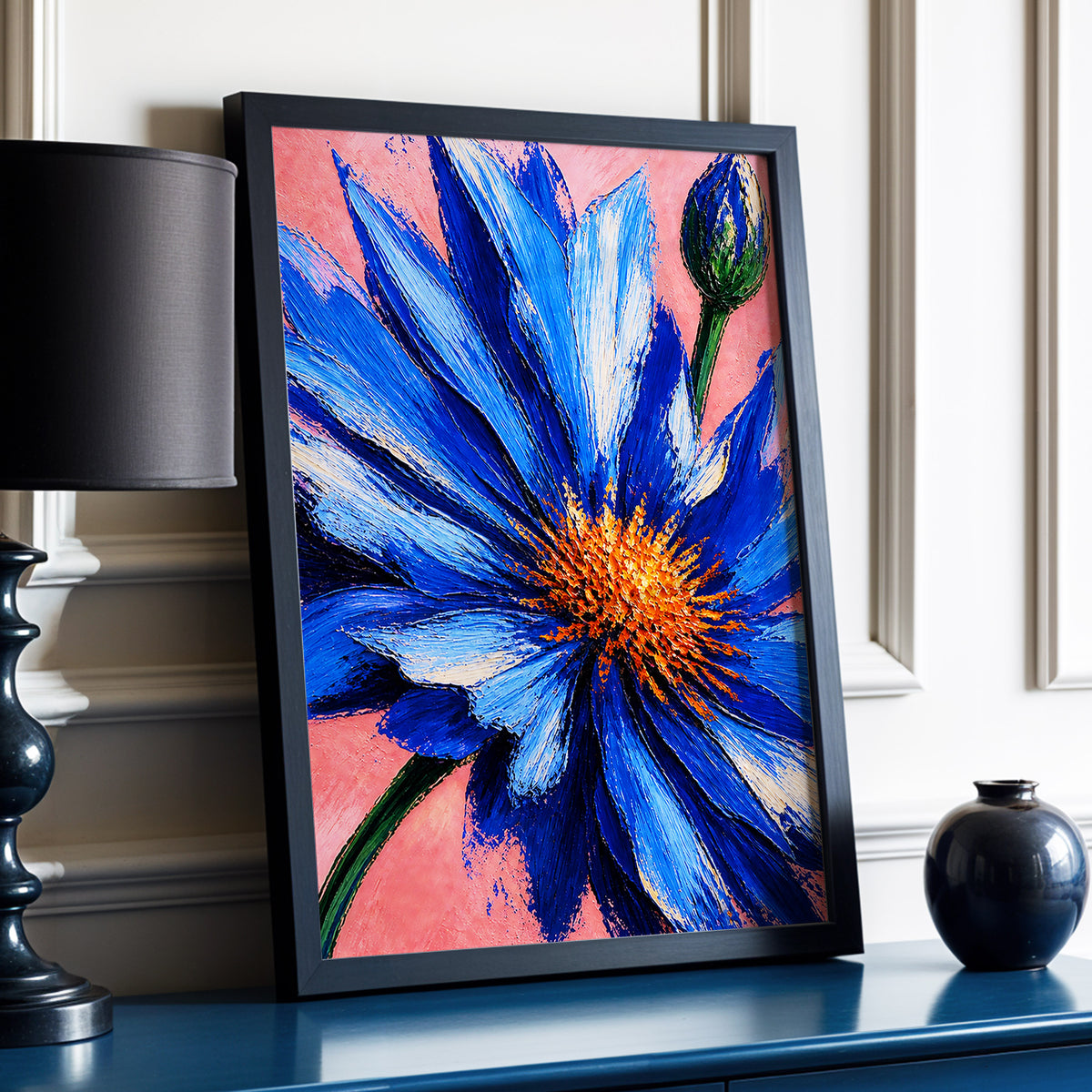 Cobalt Bloom, blue, pink, orange floral wall art displayed in a styled interior, gallery view 2