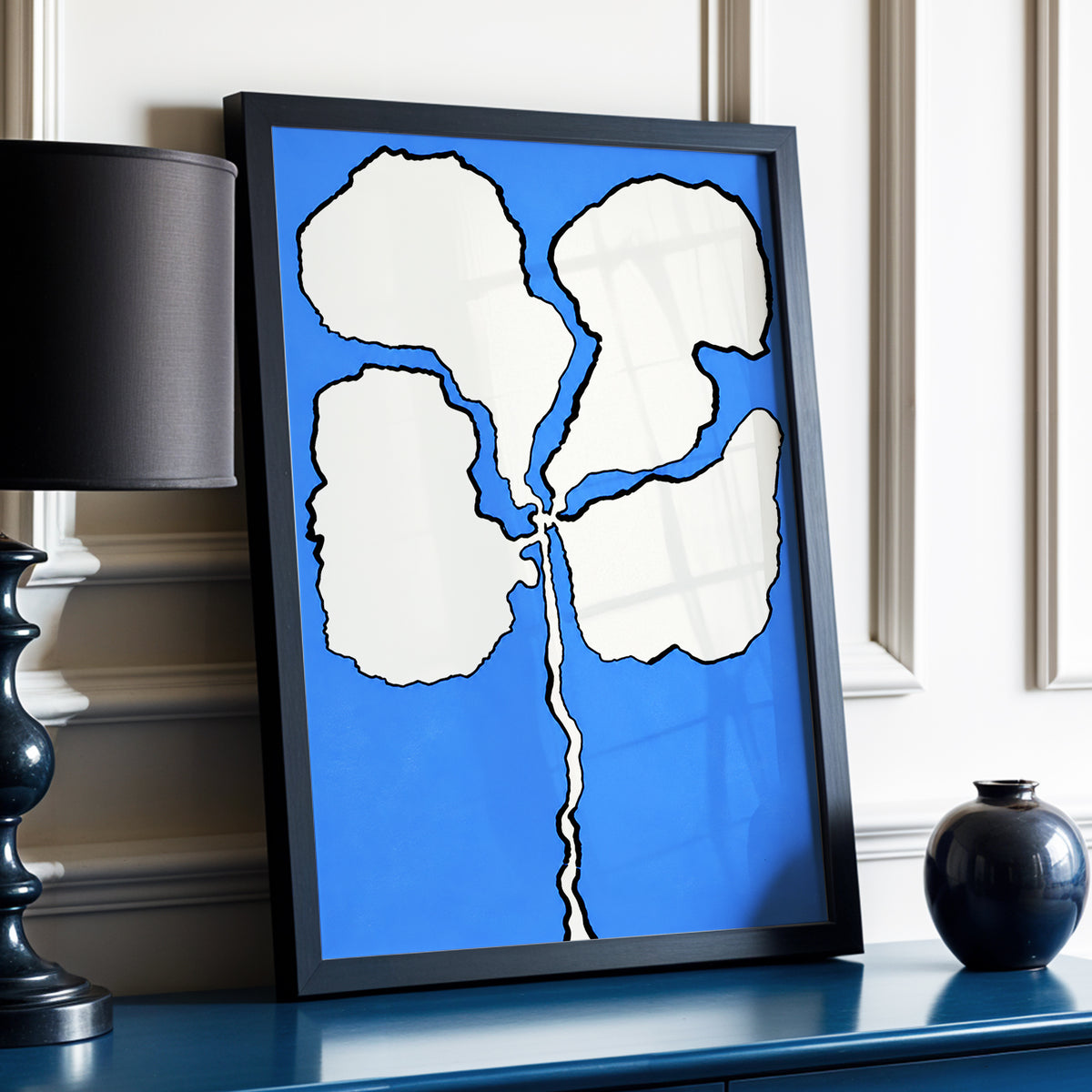 Cobalt Bloom, blue, beige, black floral wall art displayed in a styled interior, gallery view 2