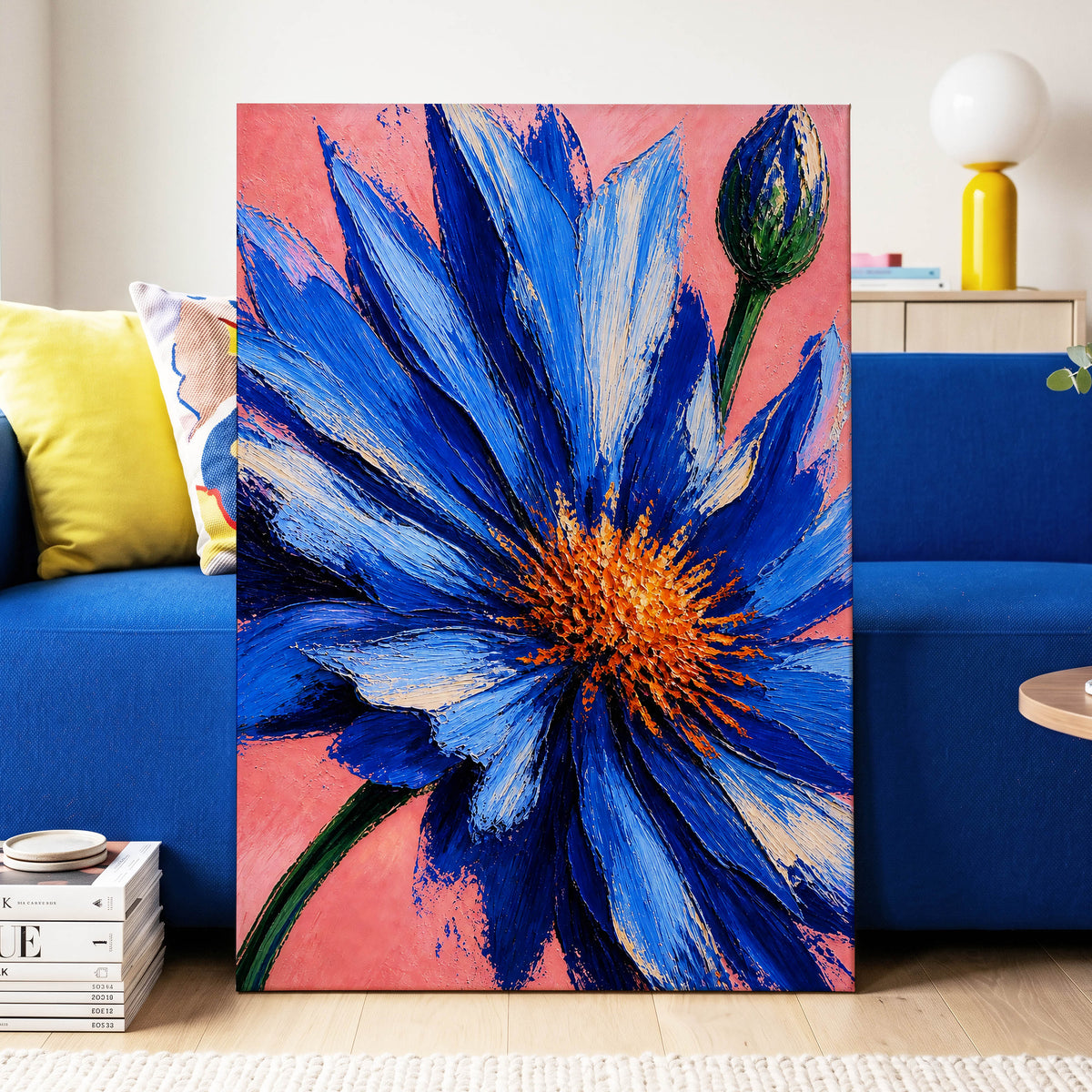 Cobalt Bloom, blue, pink, orange floral wall art displayed in a styled interior, gallery view 3