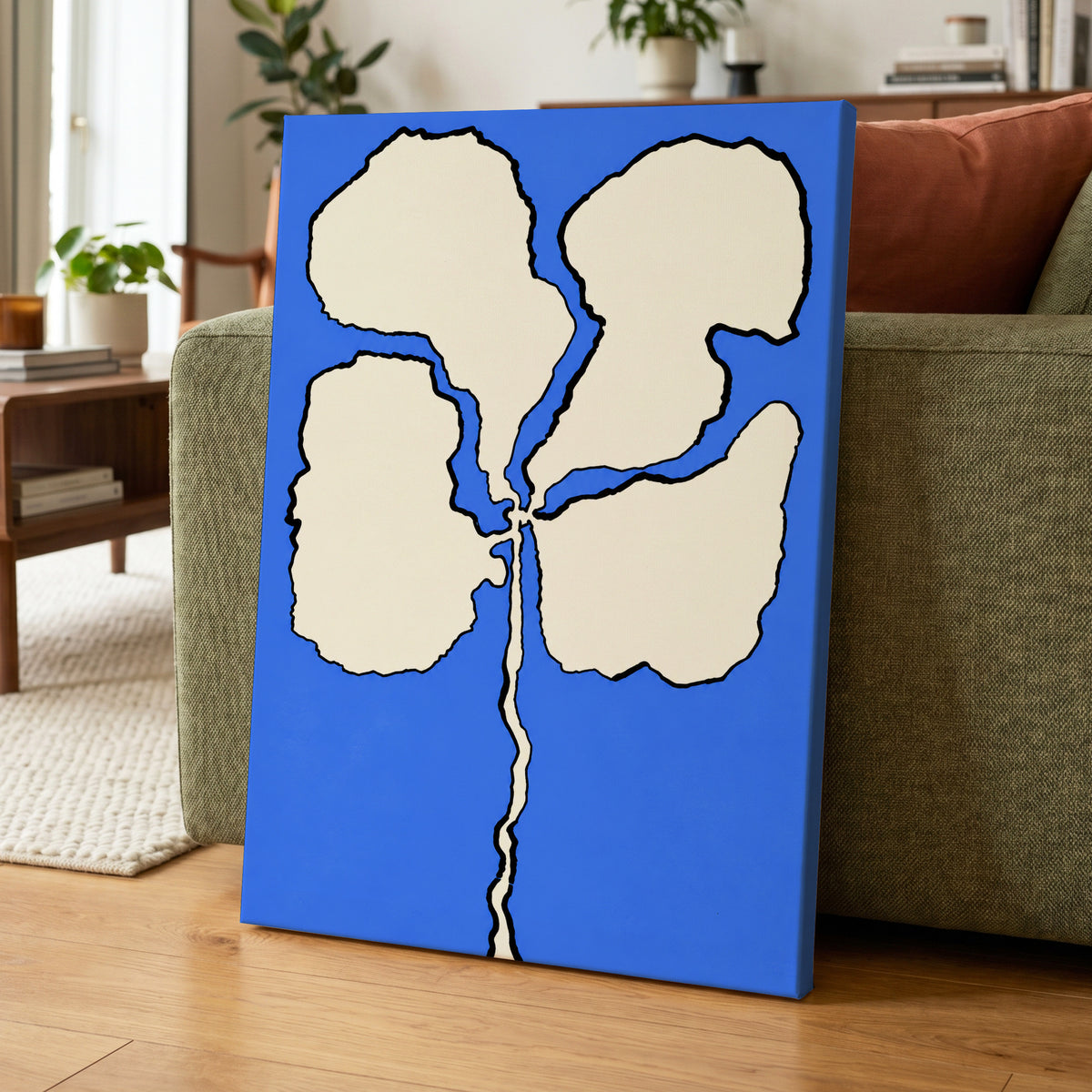 Cobalt Bloom, blue, beige, black floral wall art displayed in a styled interior, gallery view 3