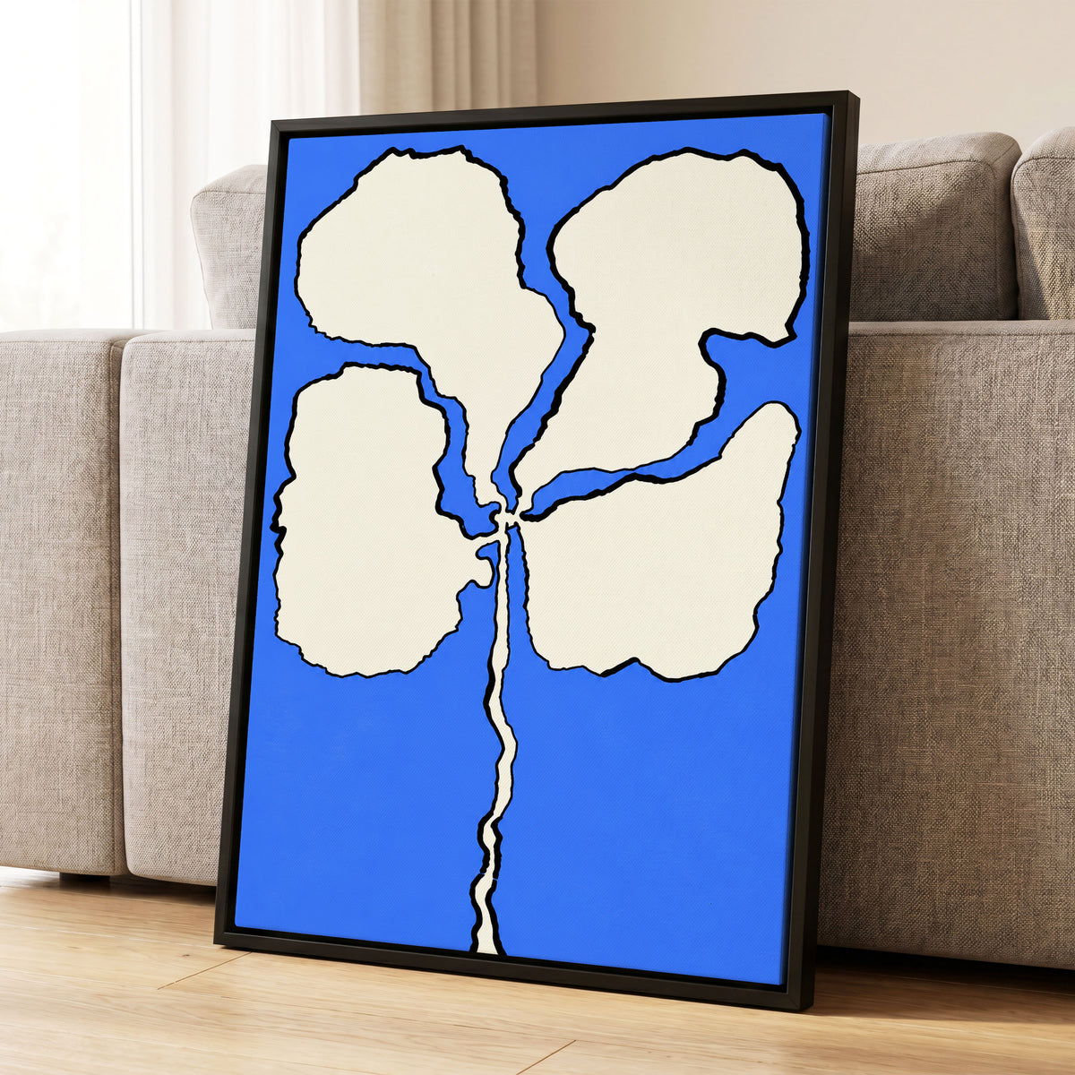 Cobalt Bloom, blue, beige, black floral wall art displayed in a styled interior, gallery view 4