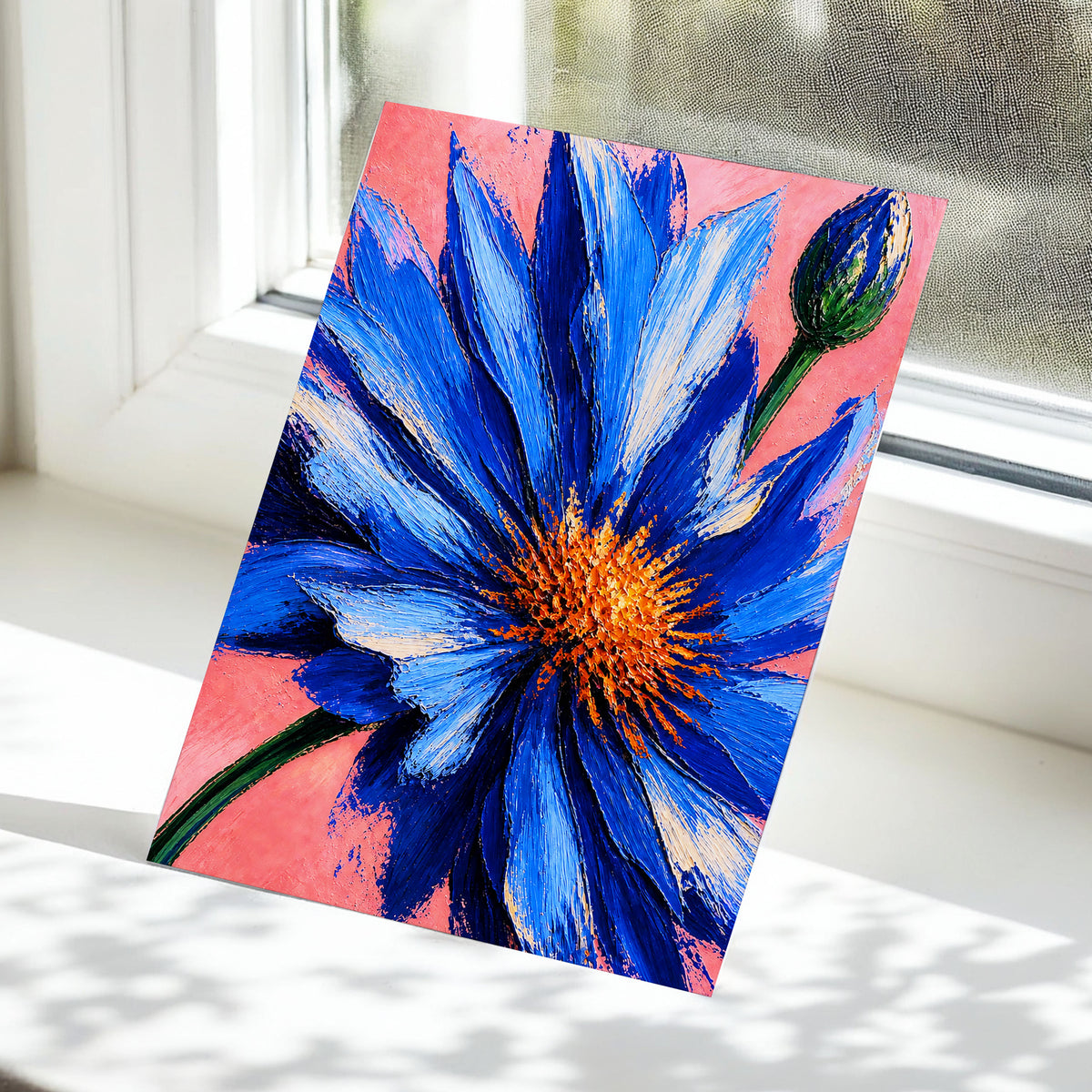 Cobalt Bloom, blue, pink, orange floral wall art displayed in a styled interior, gallery view 5