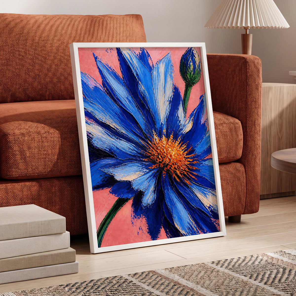 Cobalt Bloom, blue, pink, orange floral wall art displayed in a styled interior, gallery view 6