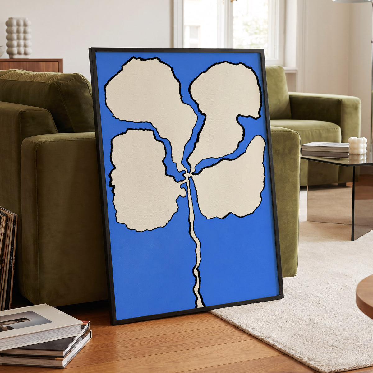 Cobalt Bloom, blue, beige, black floral wall art displayed in a styled interior, gallery view 6