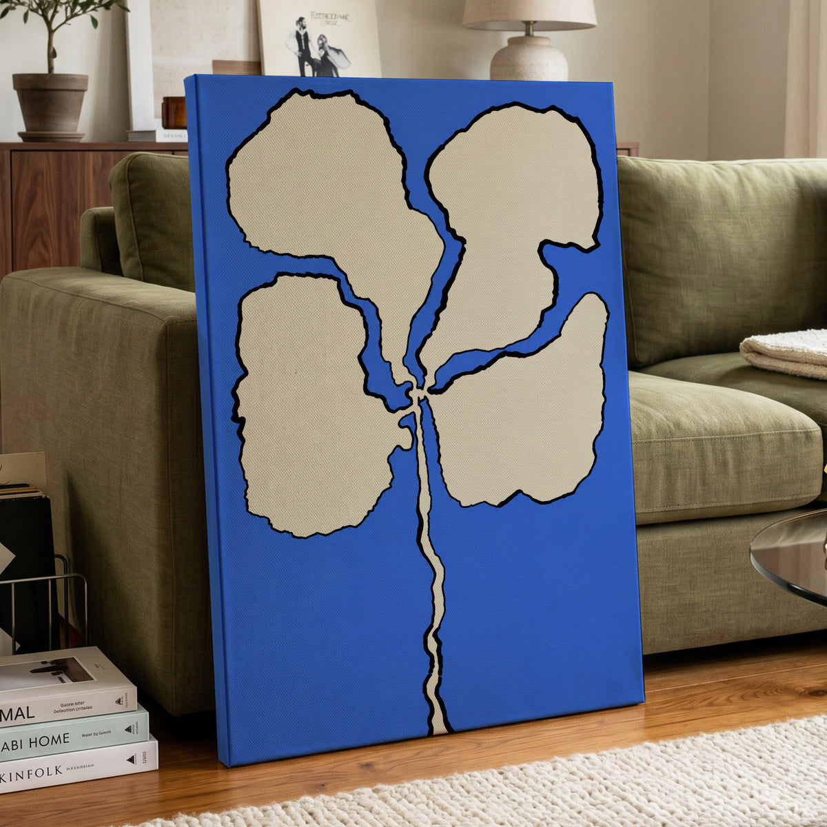 Cobalt Bloom, blue, beige, black floral wall art displayed in a styled interior, gallery view 7