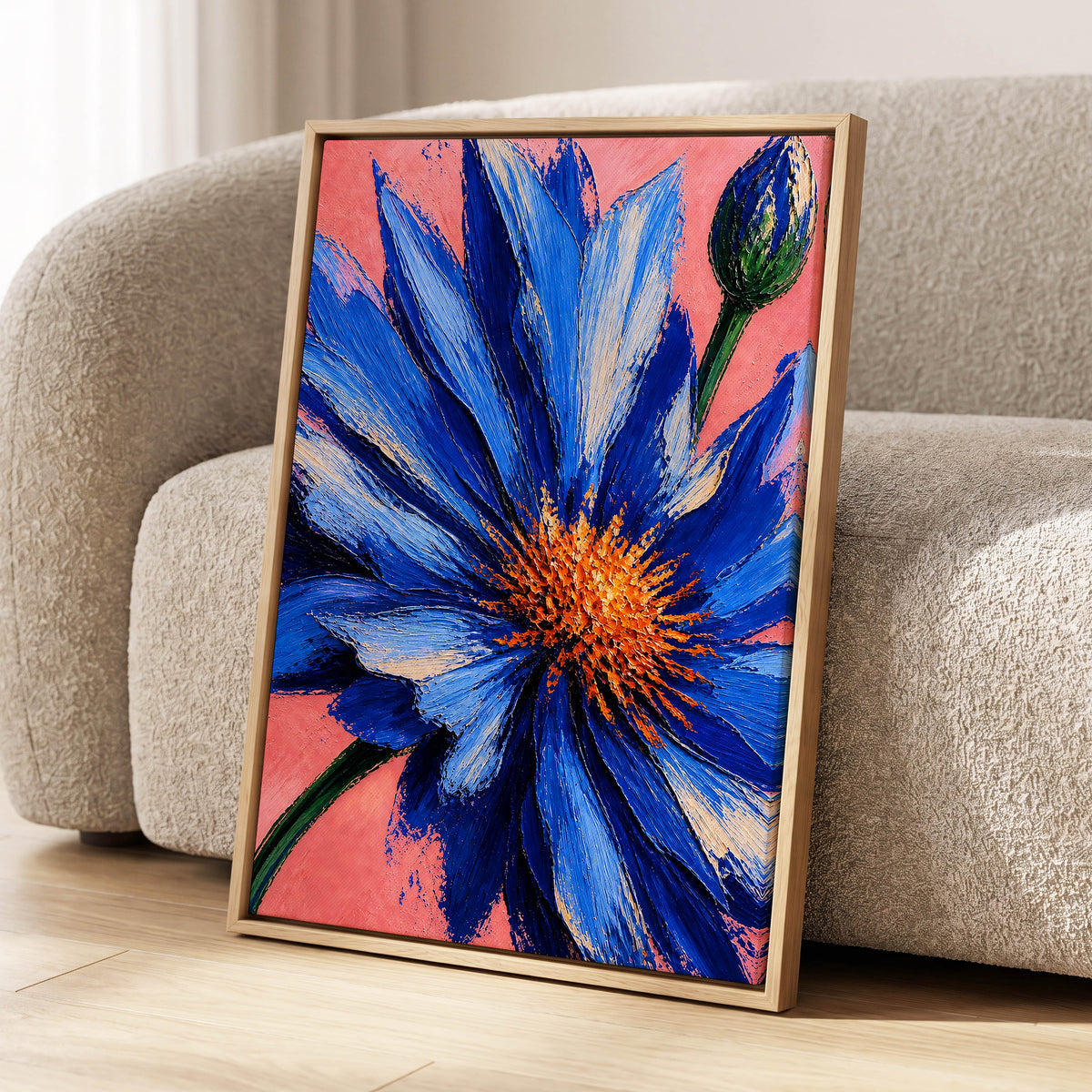 Cobalt Bloom, blue, pink, orange floral wall art displayed in a styled interior, gallery view 8