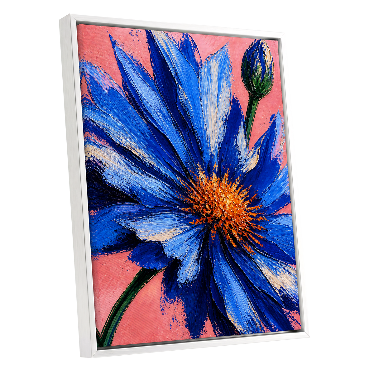 Cobalt Bloom, blue, pink, orange floral wall art shown as a white framed canvas wall art