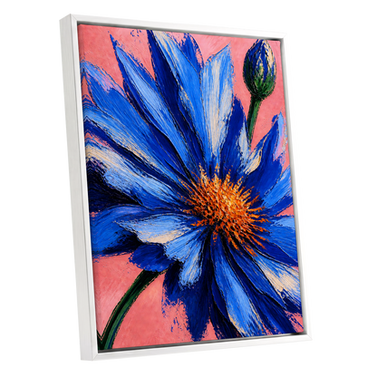 Cobalt Bloom, blue, pink, orange floral wall art shown as a white framed canvas wall art