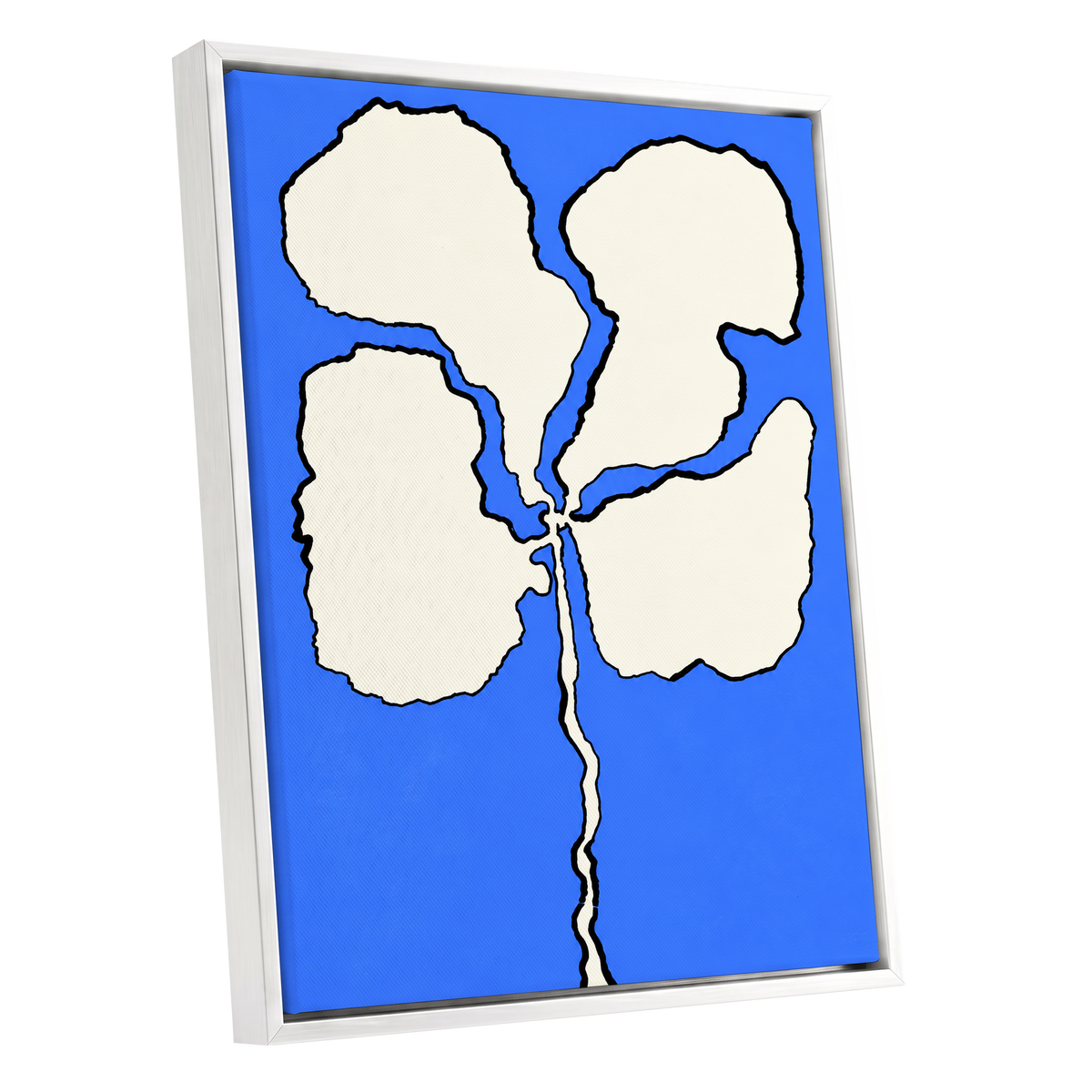Cobalt Bloom, blue, beige, black floral wall art shown as a white framed canvas wall art