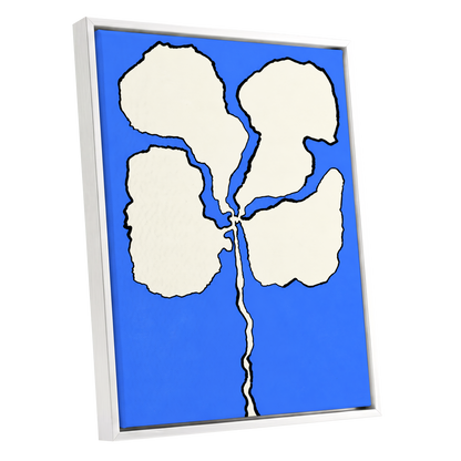 Cobalt Bloom, blue, beige, black floral wall art shown as a white framed canvas wall art
