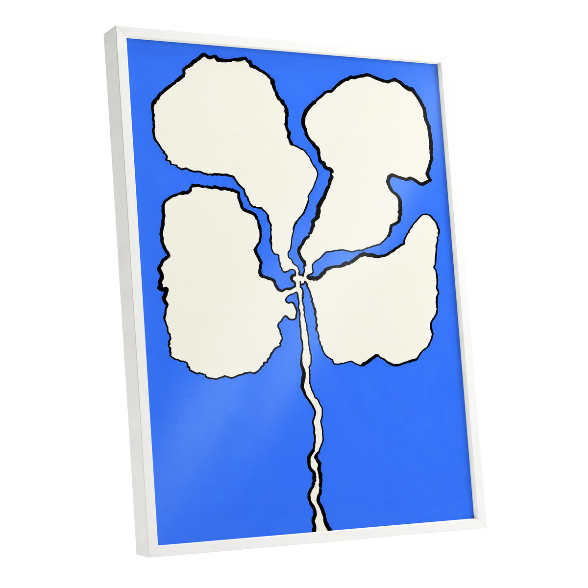 Cobalt Bloom, blue, beige, black floral wall art shown as a white framed poster wall art print