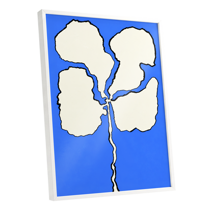 Cobalt Bloom, blue, beige, black floral wall art shown as a white framed poster wall art print