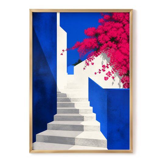 Cobalt Bougainvillea, blue, pink, white floral wall art, front artwork view
