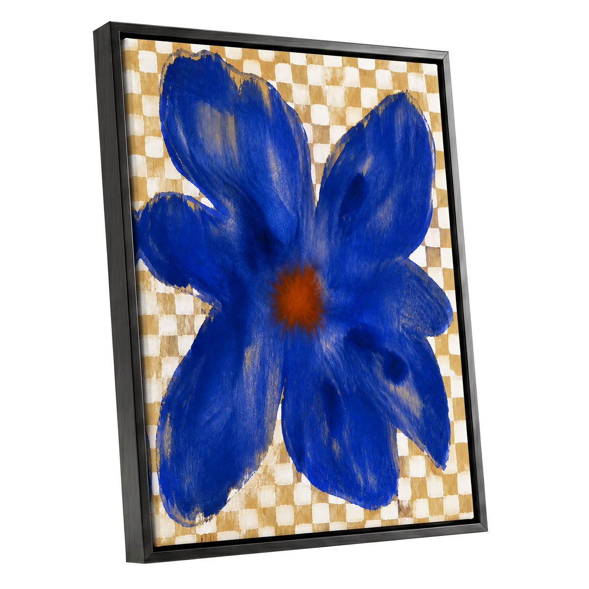 Cobalt Chequer Bloom, blue, beige, white floral wall art shown as a black framed canvas wall art