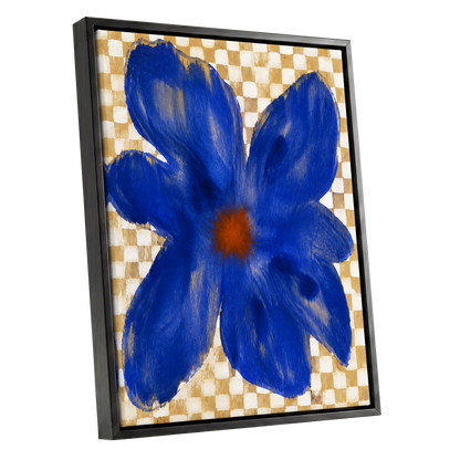 Cobalt Chequer Bloom, blue, beige, white floral wall art shown as a black framed canvas wall art