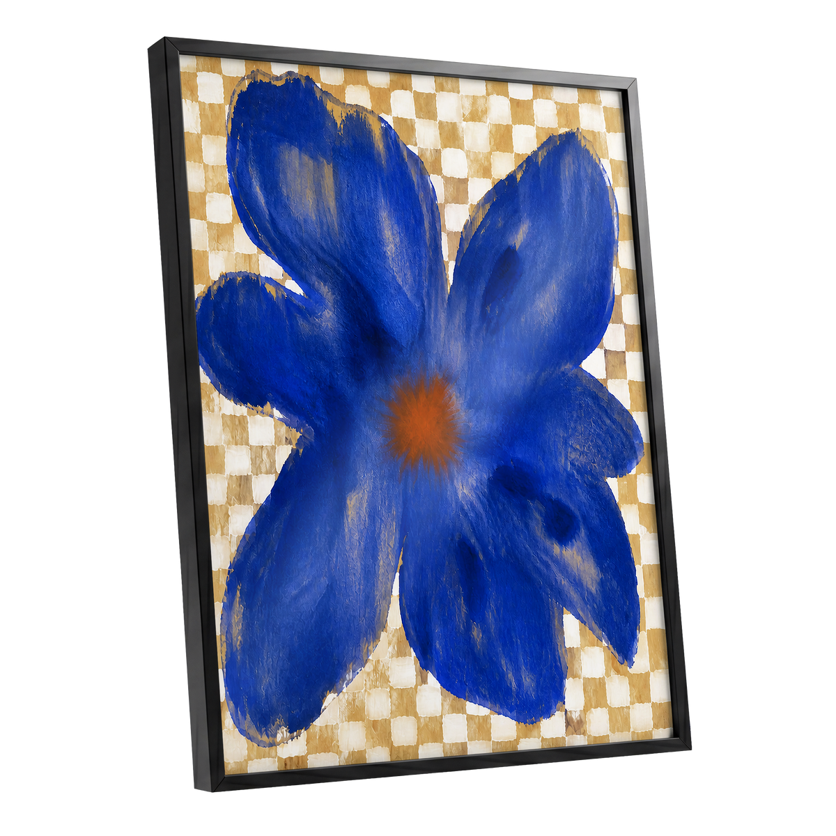 Cobalt Chequer Bloom, blue, beige, white floral wall art shown as a black framed poster wall art print