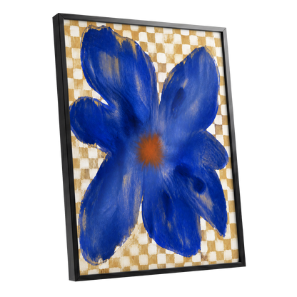 Cobalt Chequer Bloom, blue, beige, white floral wall art shown as a black framed poster wall art print