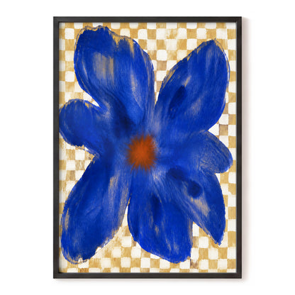 Cobalt Chequer Bloom, blue, beige, white floral wall art, front artwork view