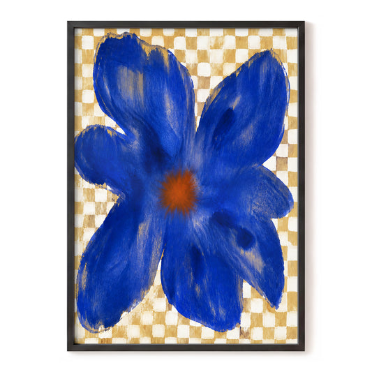 Cobalt Chequer Bloom, blue, beige, white floral wall art, front artwork view