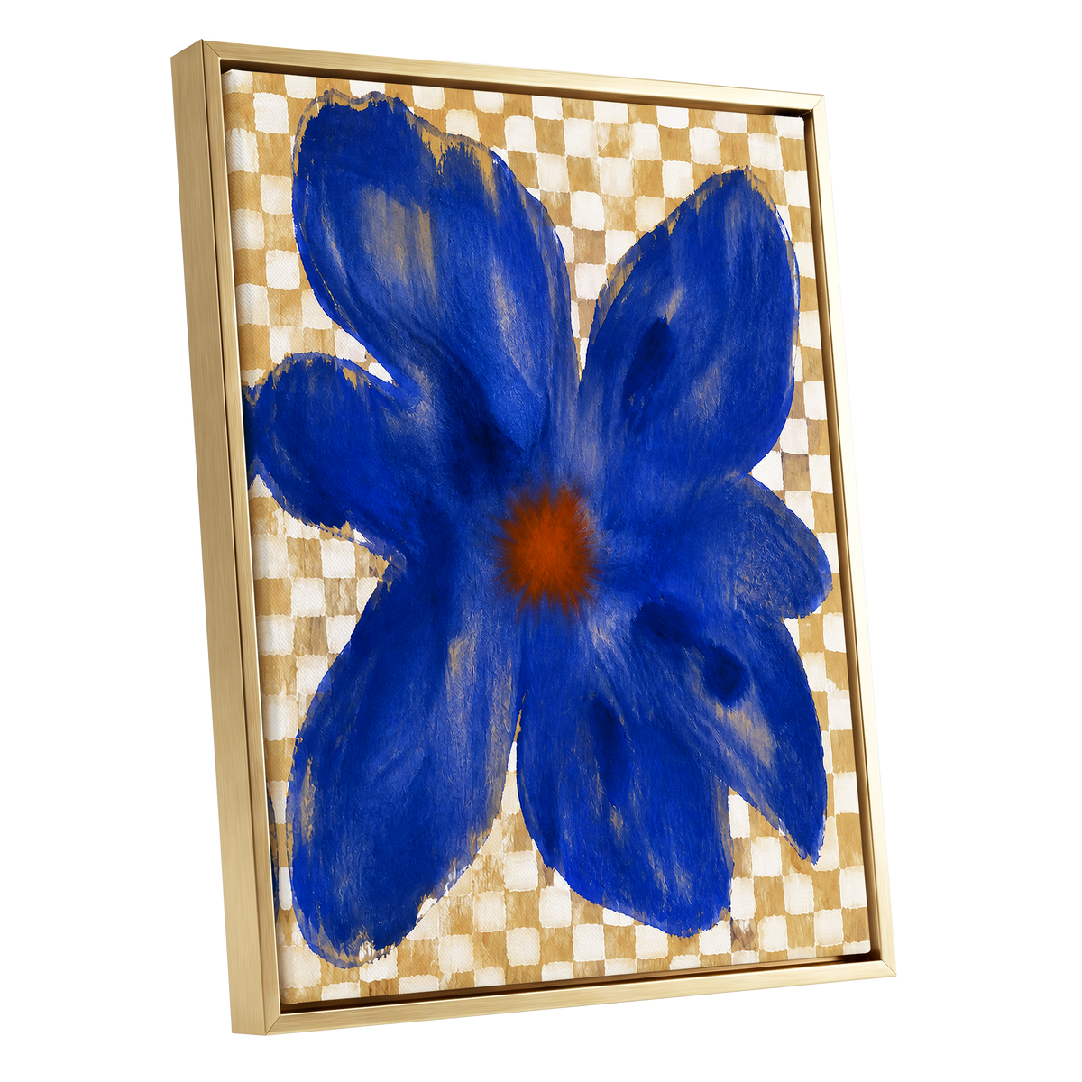 Cobalt Chequer Bloom, blue, beige, white floral wall art shown as a gold framed canvas wall art
