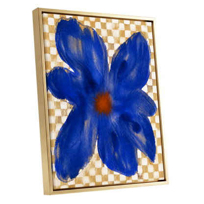 Cobalt Chequer Bloom, blue, beige, white floral wall art shown as a gold framed canvas wall art