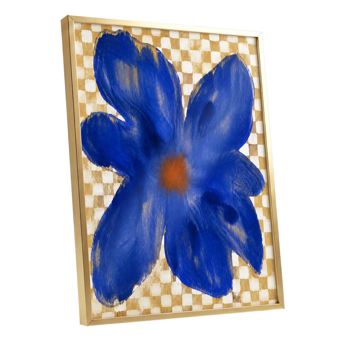 Cobalt Chequer Bloom, blue, beige, white floral wall art shown as a gold framed poster wall art print